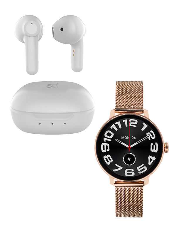Kit STF Smartwatch Reloj Kronos Amber + Audífonos True Wireless Kun Blanco