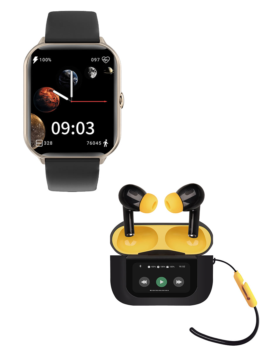 Combo STF Smartwatch Reloj Kronos Blaze + Audífonos True Wireless Tracker pantalla LCD