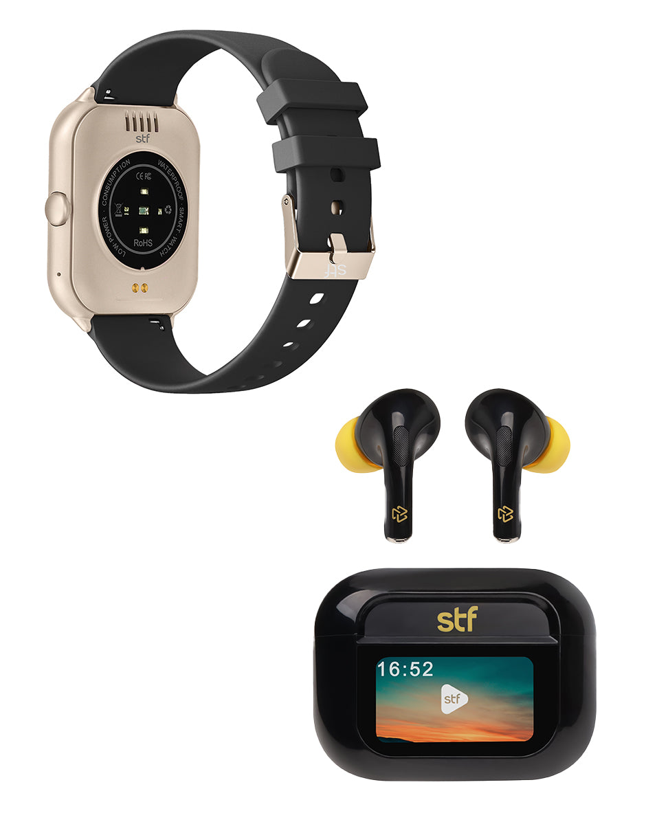 Combo STF Smartwatch Reloj Kronos Blaze + Audífonos True Wireless Tracker pantalla LCD