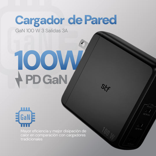 Cargador Pared GaN 100W 3 Puertos Tipo C Dual + USB Carga Ultra Rápida
