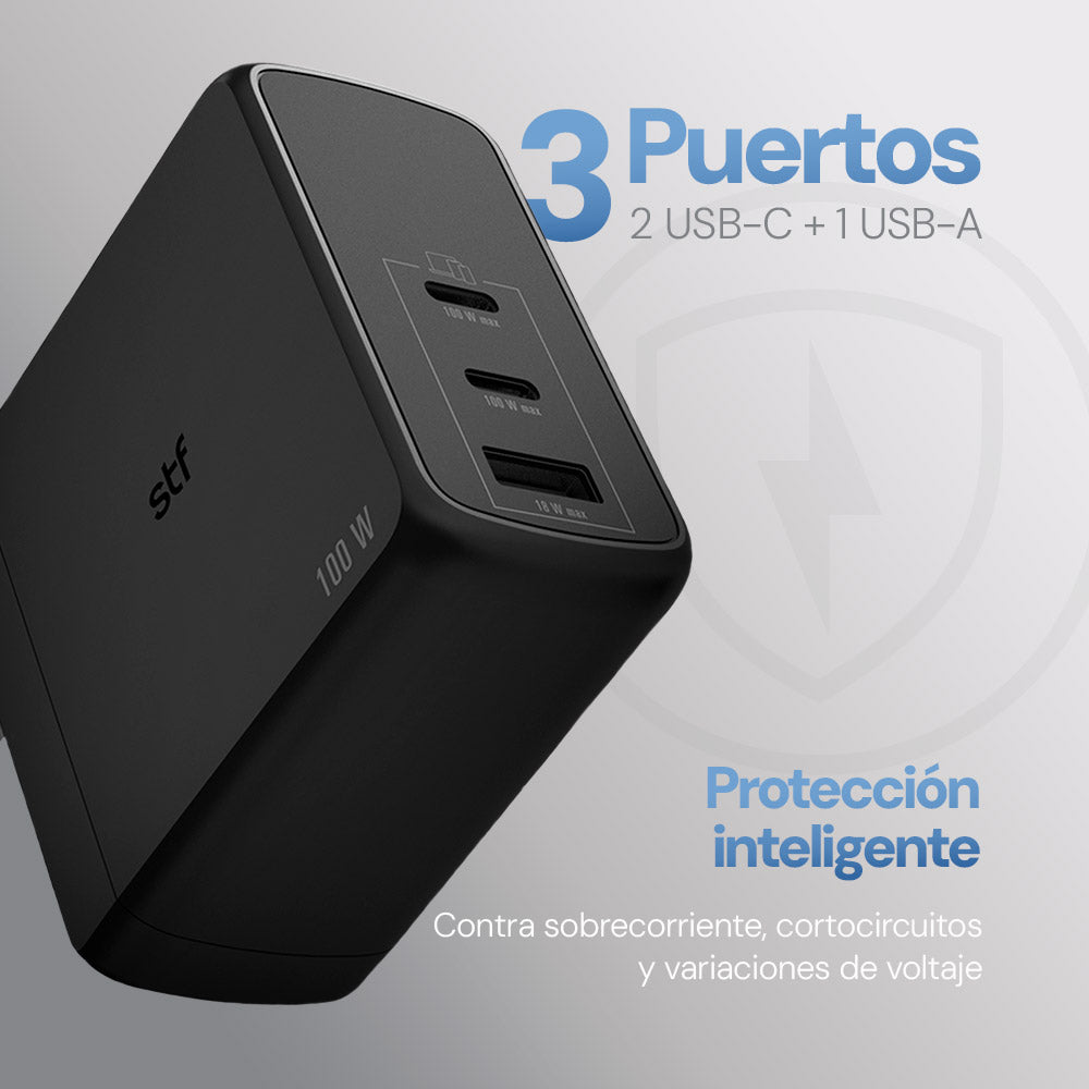 Cargador Pared STF GaN 100W 3 Puertos Tipo C Dual + USB Carga Ultra Rápida