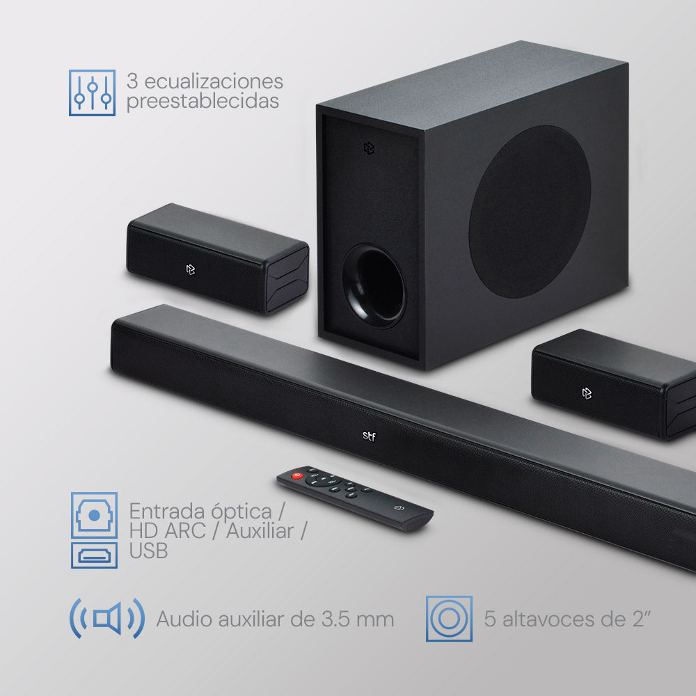 Barra de Sonido Home Audio 5.1 STF Subwoofer Alámbrico 90W HDMI OPTICO 3.5mm AUX USB