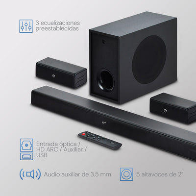 Barra de Sonido Home Audio 5.1 STF Subwoofer Alámbrico 90W HDMI OPTICO 3.5mm AUX USB