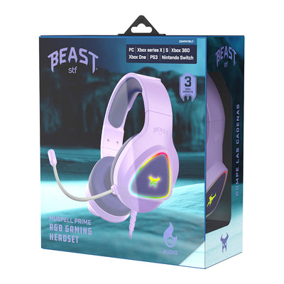Audifonos Alambricos On Ear Muspell Prime Gaming Beast STF Bocina 50mm Micrófono Luz Led Lila