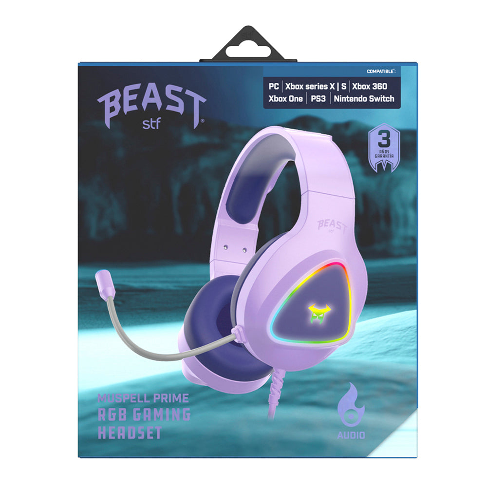 Audifonos Alambricos On Ear Muspell Prime Gaming Beast STF Bocina 50mm Micrófono Luz Led Lila