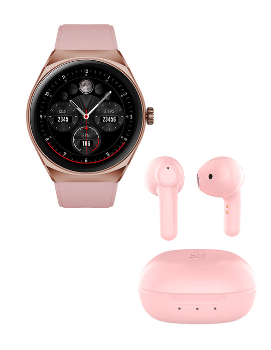 Kit STF Smartwatch Reloj Kronos Trek rosa + Audífonos True Wireless Kun
