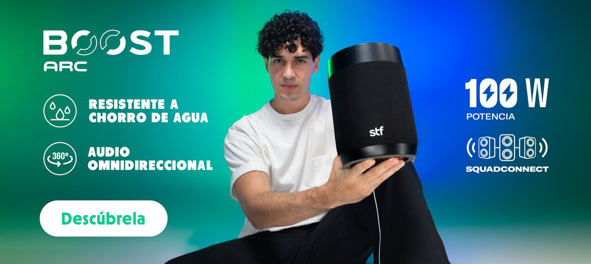 Bocina Boost Arc STF 100W, resistente a chorro de agua, audio omnidireccional y Squadconnect