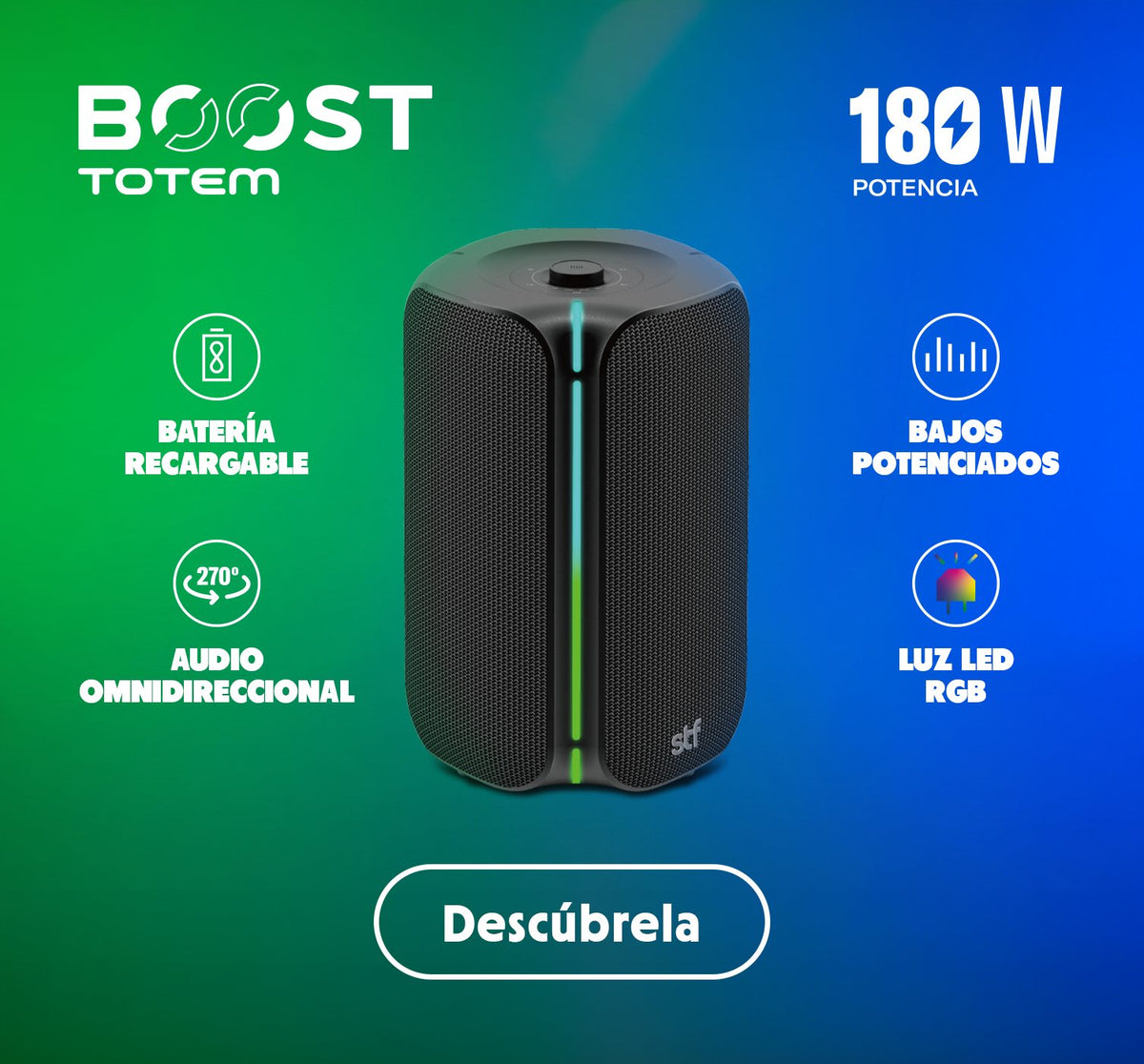 Bocina Boost Totem STF 180W con luz LED RGB