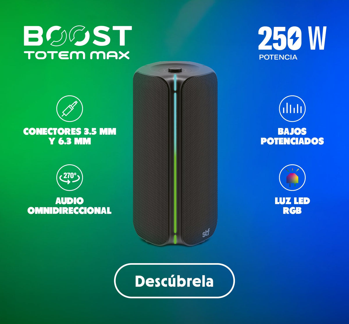 Bocina Boost Totem Max STF 250W con luz LED RGB