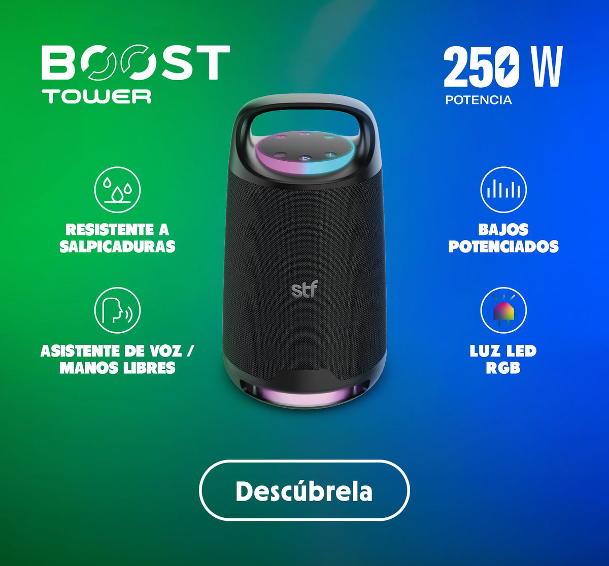Bocina Boost Tower STF con asistente de voz y luz LED RGB