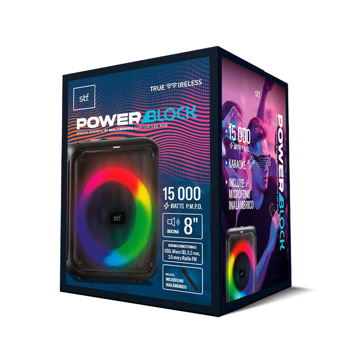 Bocina Inalámbrica portátil | STF Power Block | 8" pulgadas, luz led - STF - ST-S01478